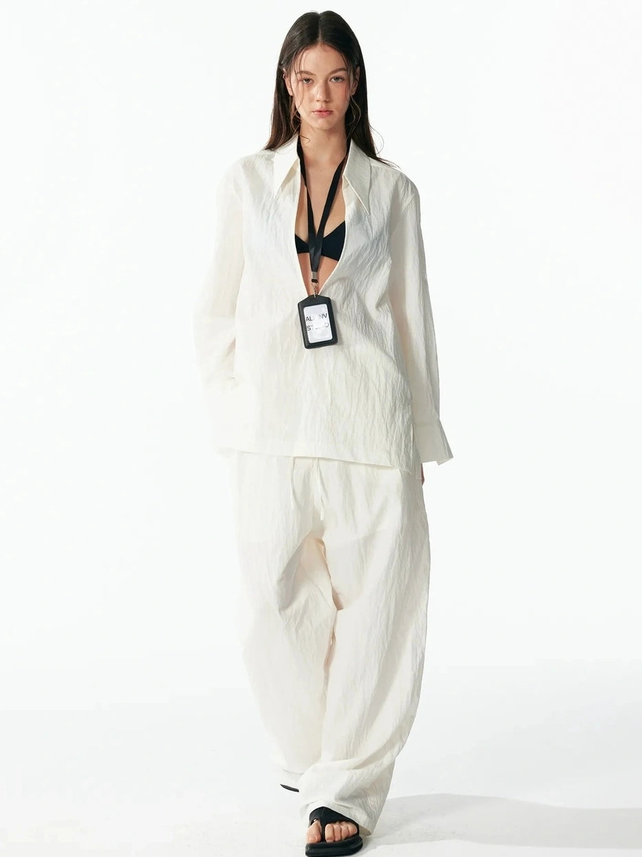 ALINNV STUDIO Deep V Linen Shirt Wide Leg Pants Set Shirts