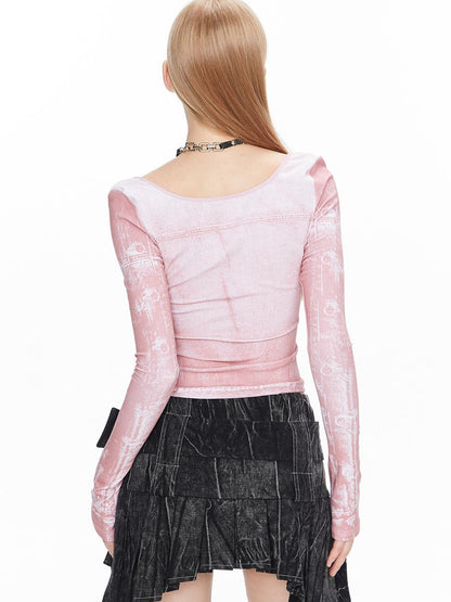 ALINNV STUDIO Digital Denim Print Cropped Long Sleeve Tee