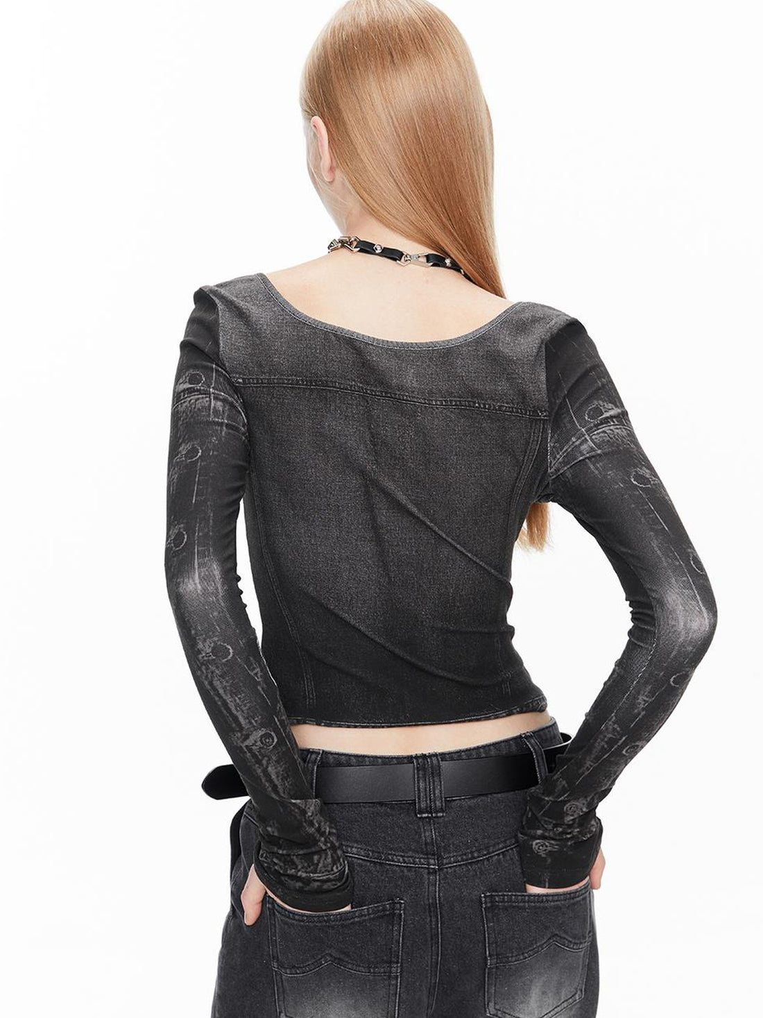 ALINNV STUDIO Digital Denim Print Cropped Long Sleeve Tee