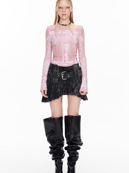 ALINNV STUDIO Digital Denim Print Cropped Long Sleeve Tee