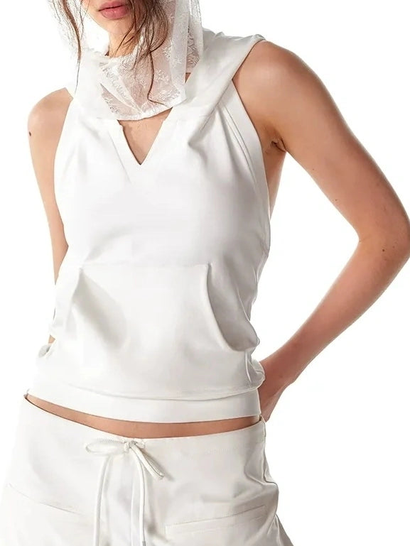 ALINNV STUDIO Double Hooded Backless Crop Top Tank Top/Camisole