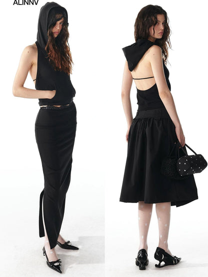 ALINNV STUDIO Double Hooded Backless Crop Top Tank Top/Camisole