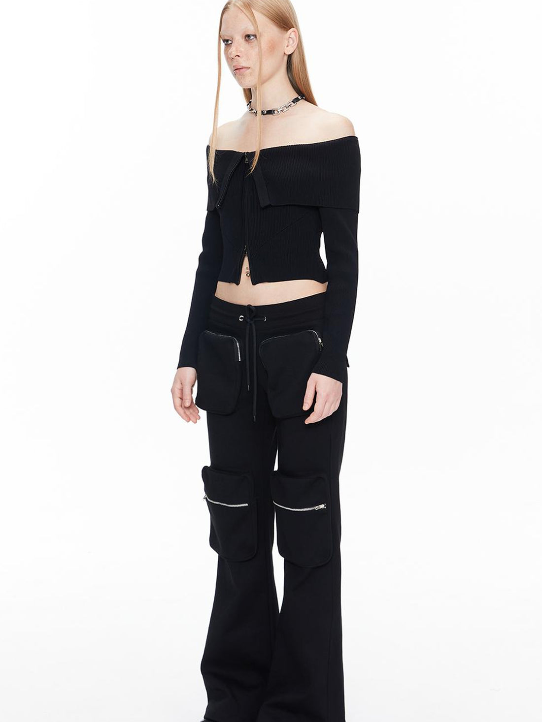 ALINNV STUDIO Double Zip Off Shoulder Ribbed Top