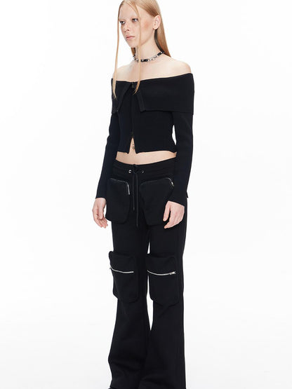 ALINNV STUDIO Double Zip Off Shoulder Ribbed Top
