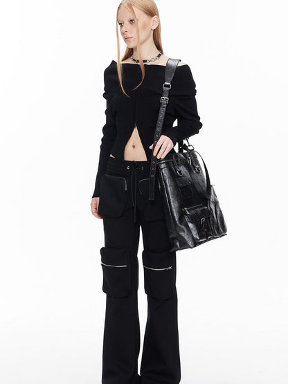 ALINNV STUDIO Double Zip Off Shoulder Ribbed Top