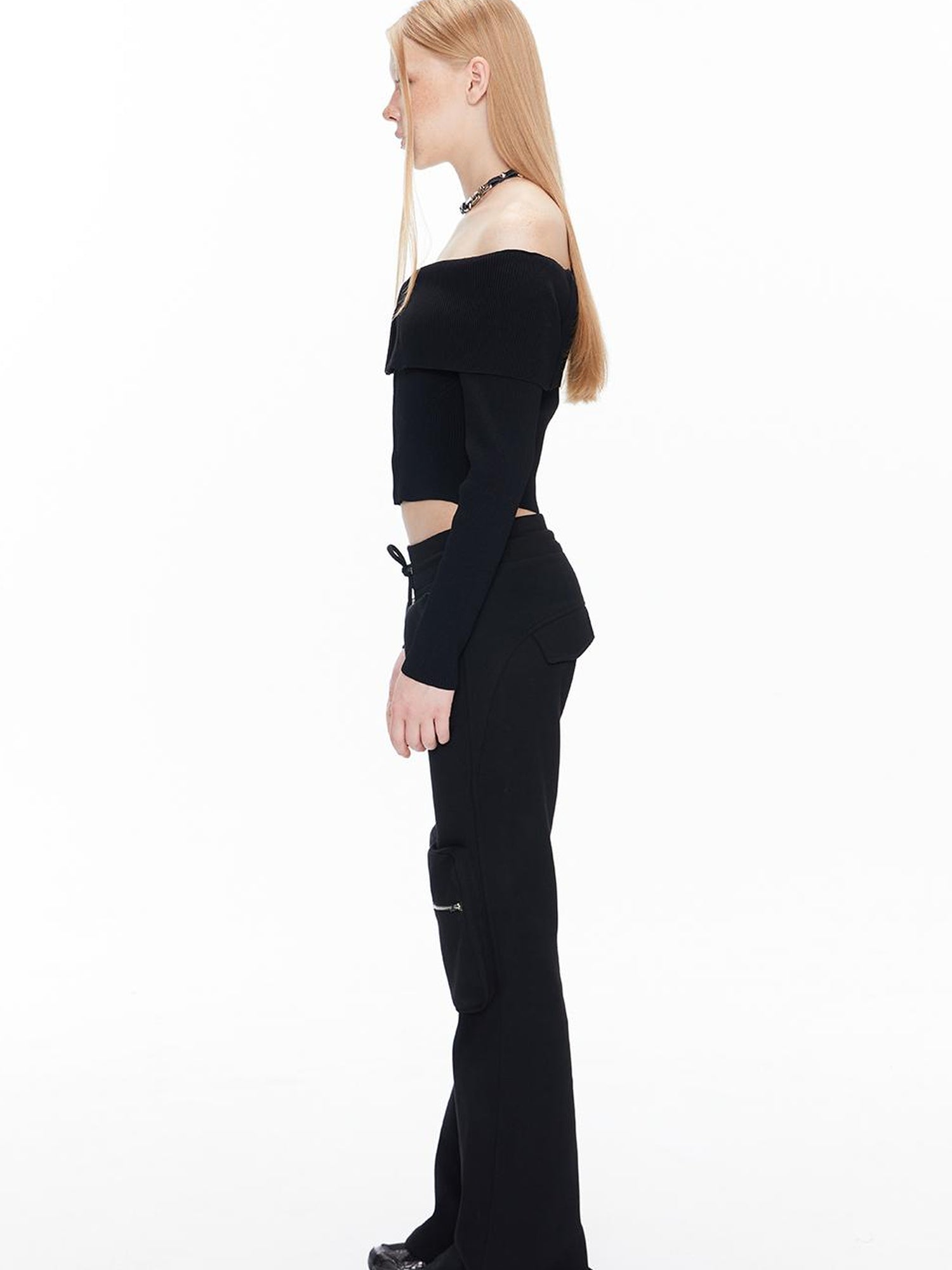ALINNV STUDIO Double Zip Off Shoulder Ribbed Top