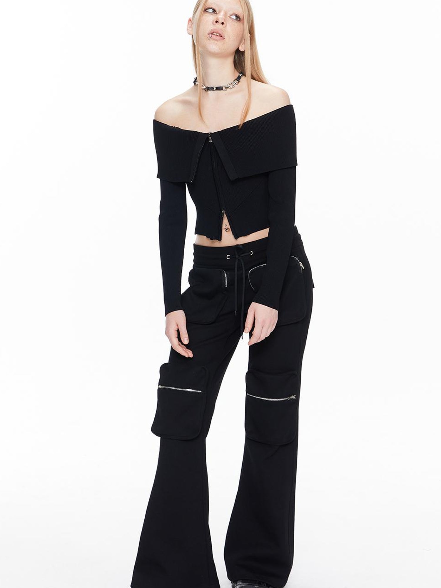 ALINNV STUDIO Double Zip Off Shoulder Ribbed Top