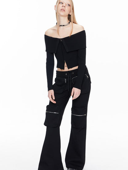 ALINNV STUDIO Double Zip Off Shoulder Ribbed Top