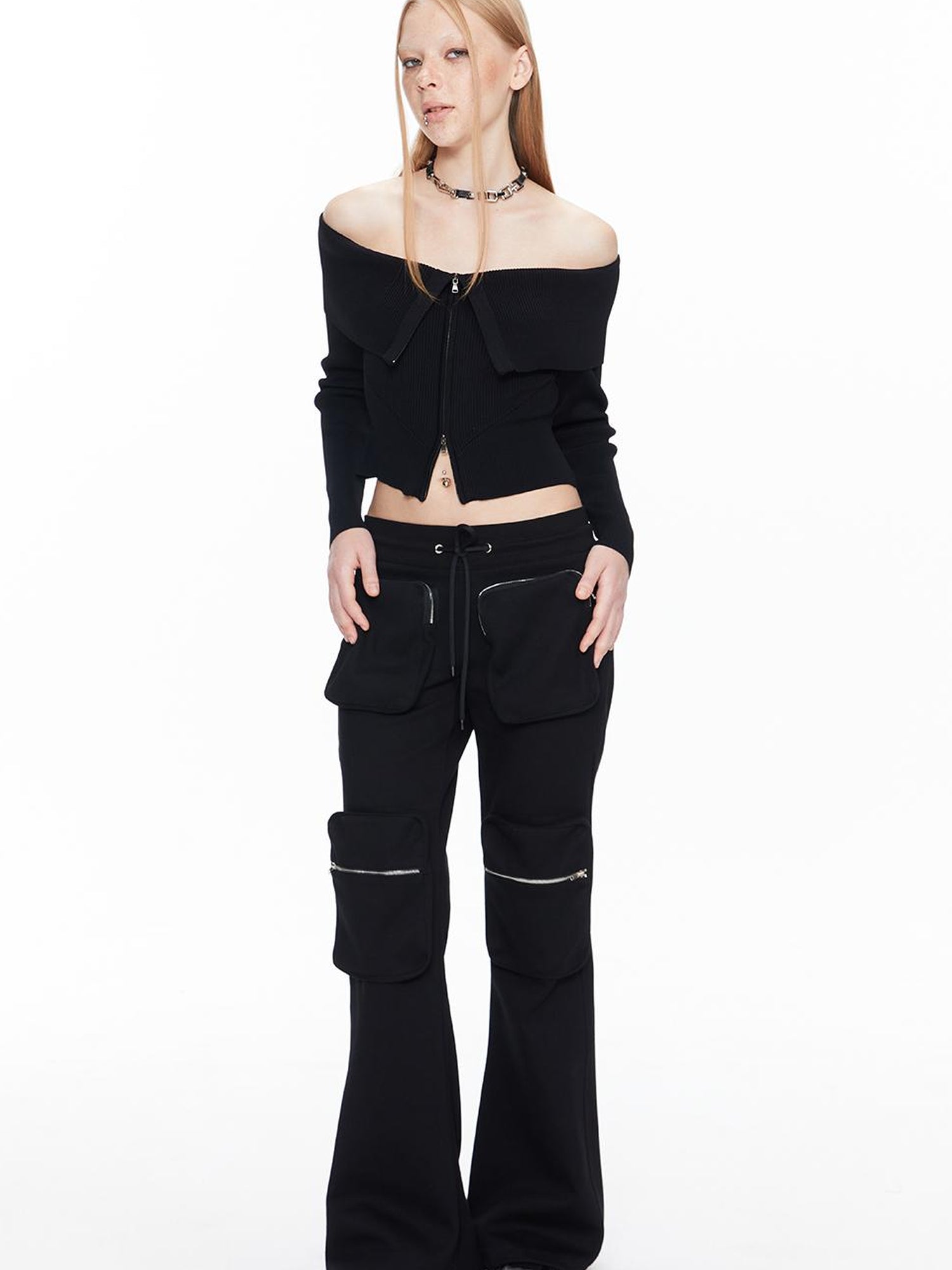ALINNV STUDIO Double Zip Off Shoulder Ribbed Top