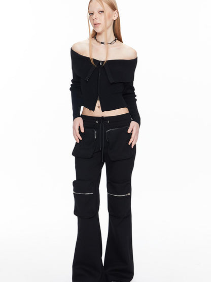 ALINNV STUDIO Double Zip Off Shoulder Ribbed Top