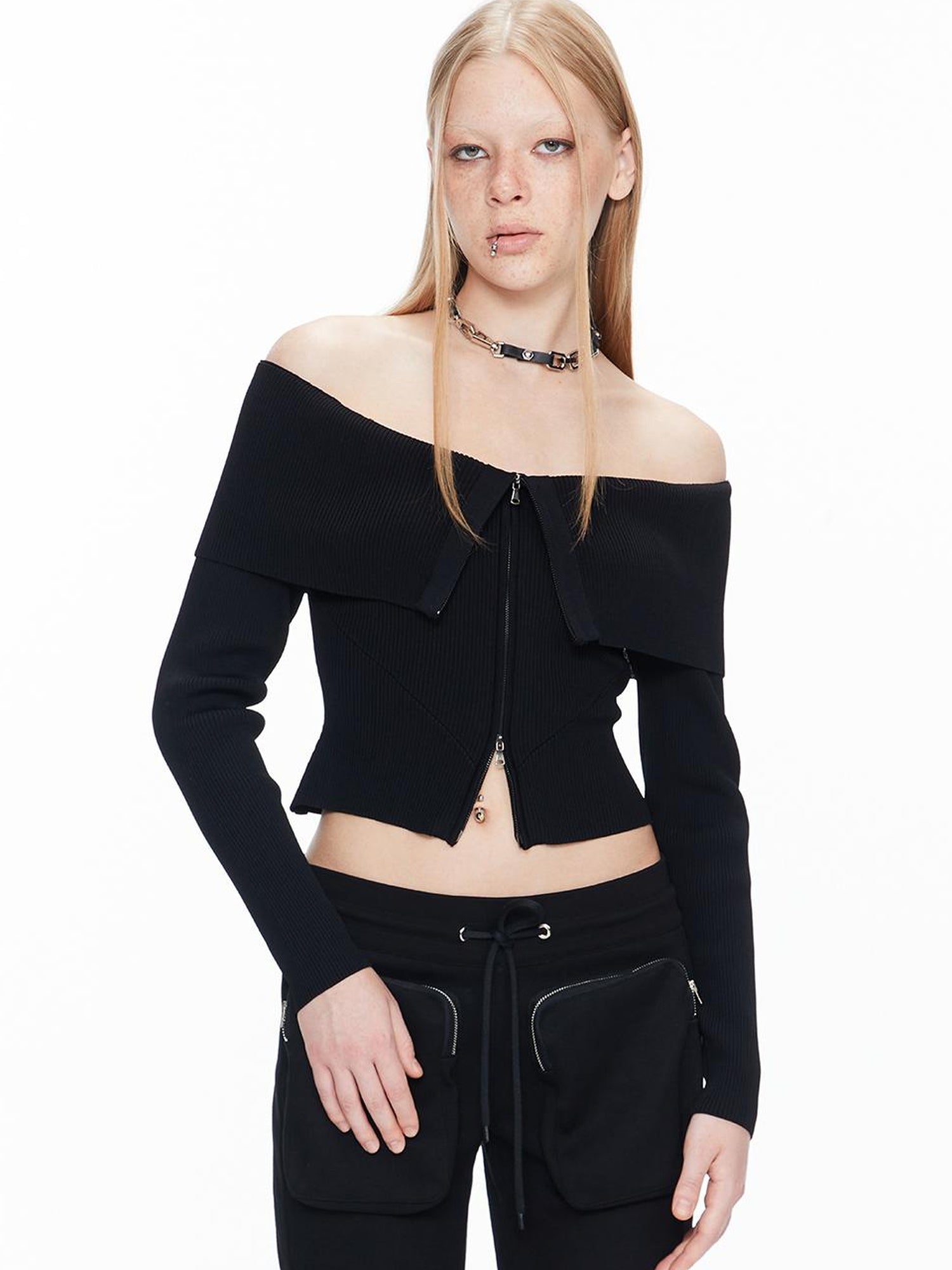 ALINNV STUDIO Double Zip Off Shoulder Ribbed Top