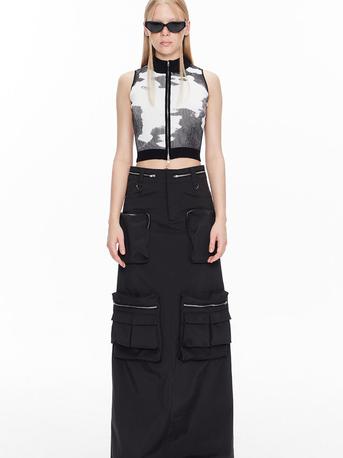 ALINNV STUDIO Double Zip Print Knit Vest Cropped Cardigan