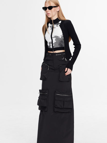 ALINNV STUDIO Double Zip Print Knit Vest Cropped Cardigan