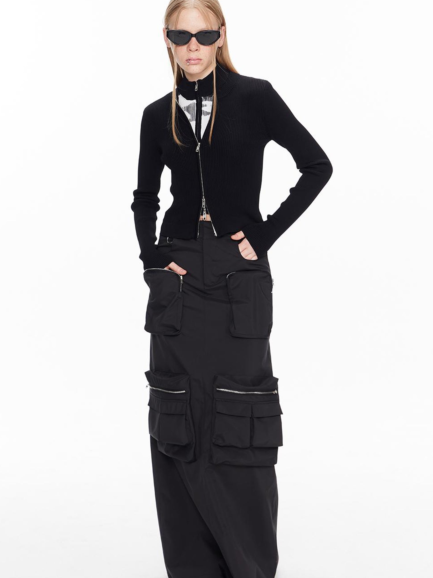 ALINNV STUDIO Double Zip Print Knit Vest Cropped Cardigan