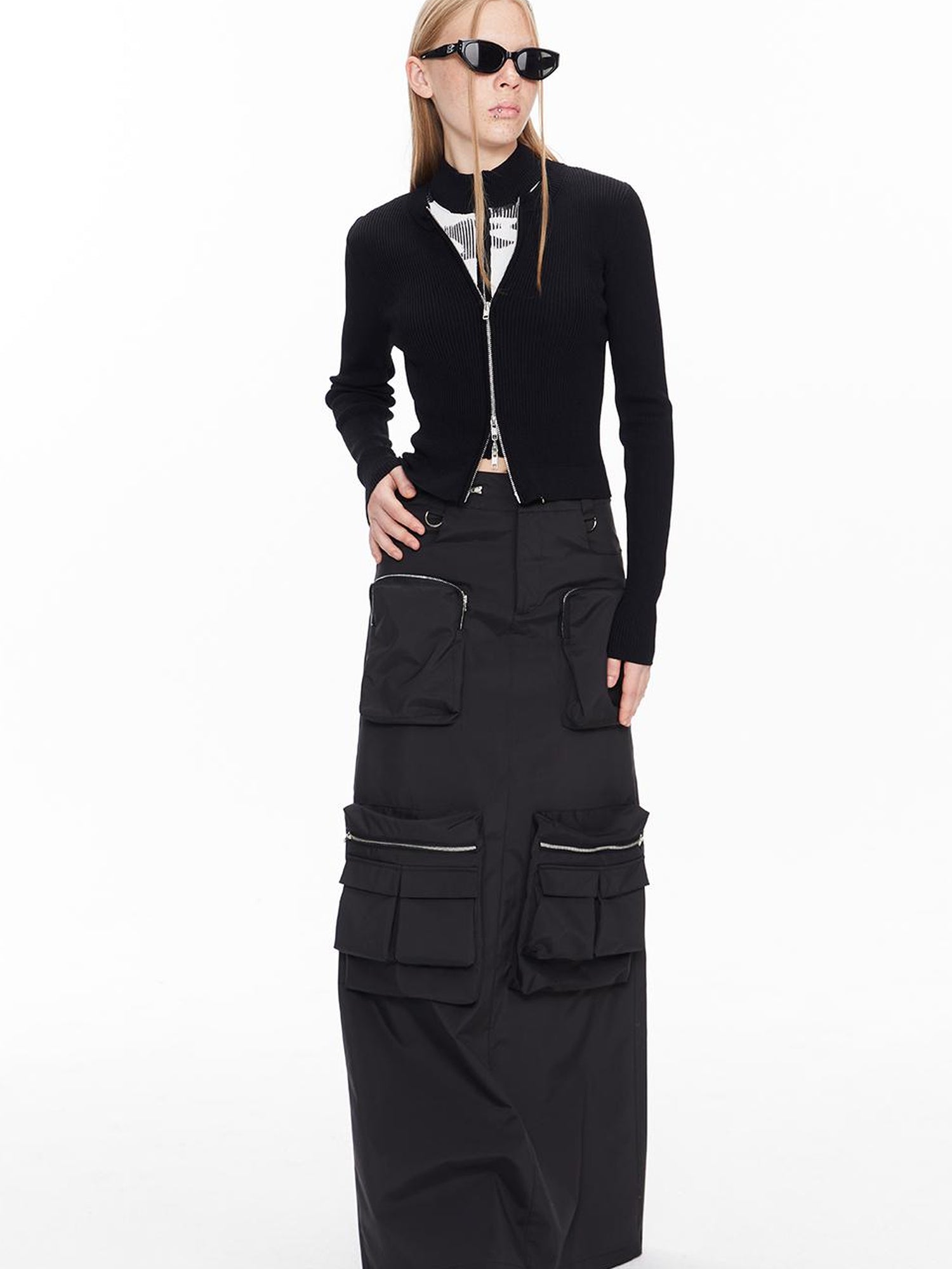 ALINNV STUDIO Double Zip Print Knit Vest Cropped Cardigan