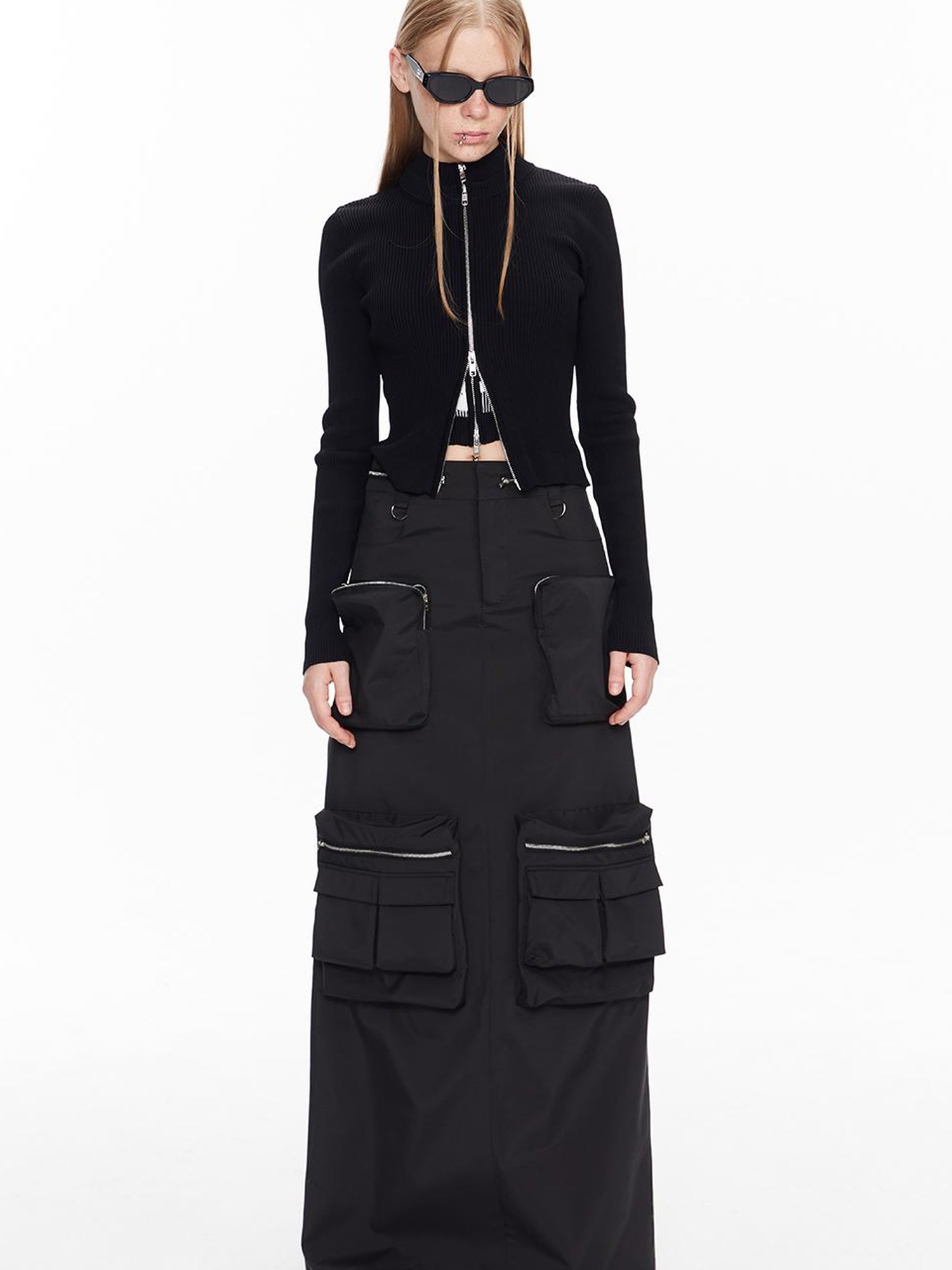 ALINNV STUDIO Double Zip Print Knit Vest Cropped Cardigan