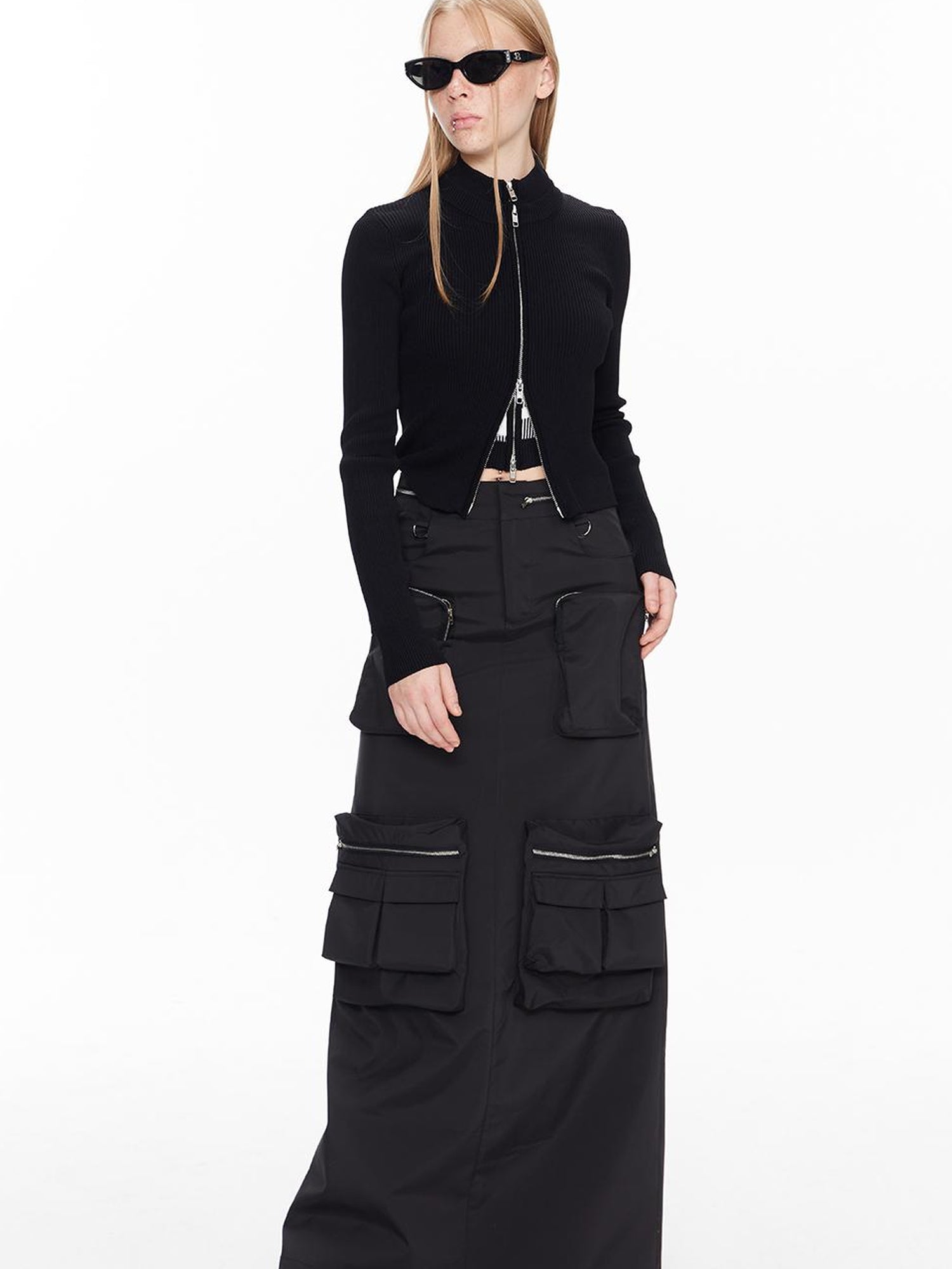 ALINNV STUDIO Double Zip Print Knit Vest Cropped Cardigan