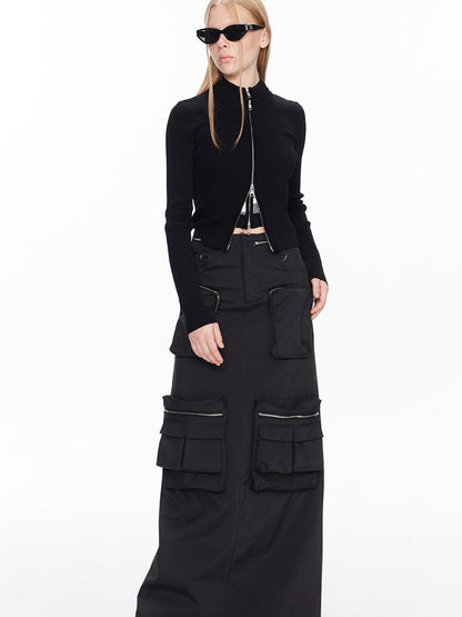 ALINNV STUDIO Double Zip Print Knit Vest Cropped Cardigan