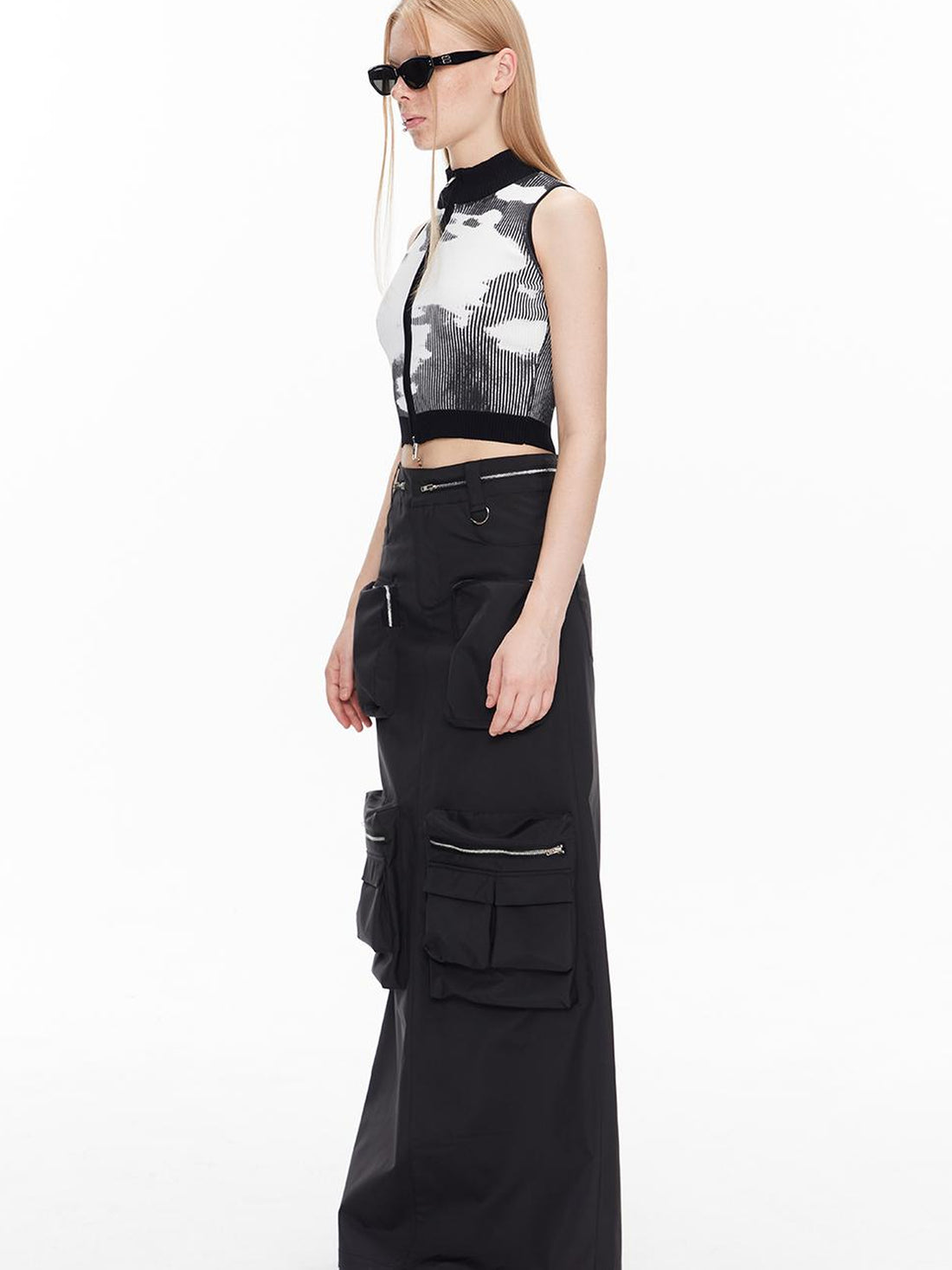 ALINNV STUDIO Double Zip Print Knit Vest Cropped Cardigan