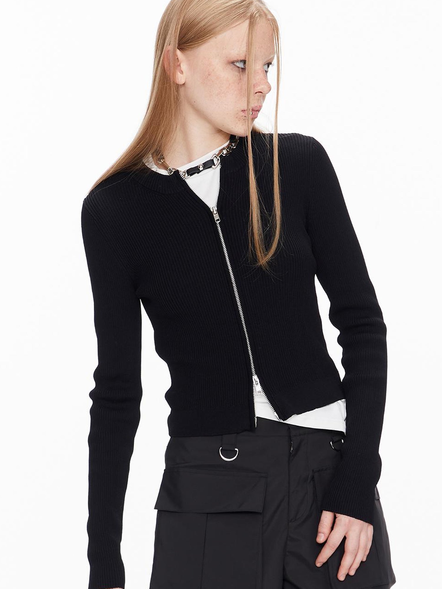 ALINNV STUDIO Double Zip Print Knit Vest Cropped Cardigan
