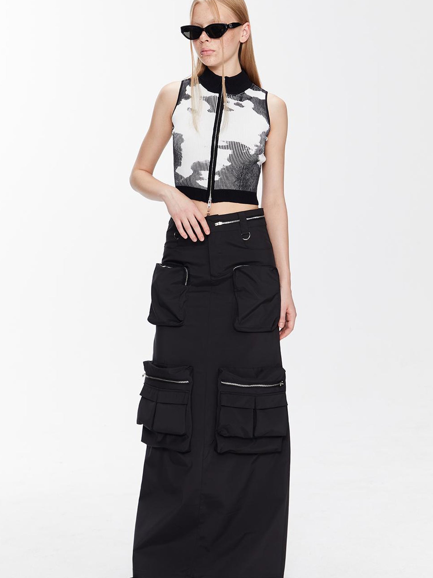 ALINNV STUDIO Double Zip Print Knit Vest Cropped Cardigan