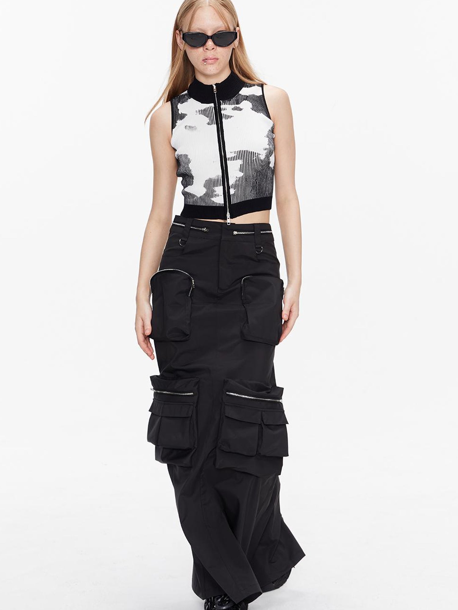 ALINNV STUDIO Double Zip Print Knit Vest Cropped Cardigan