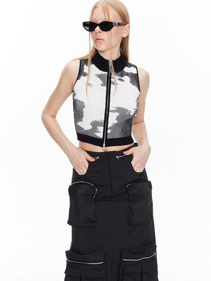ALINNV STUDIO Double Zip Print Knit Vest Cropped Cardigan
