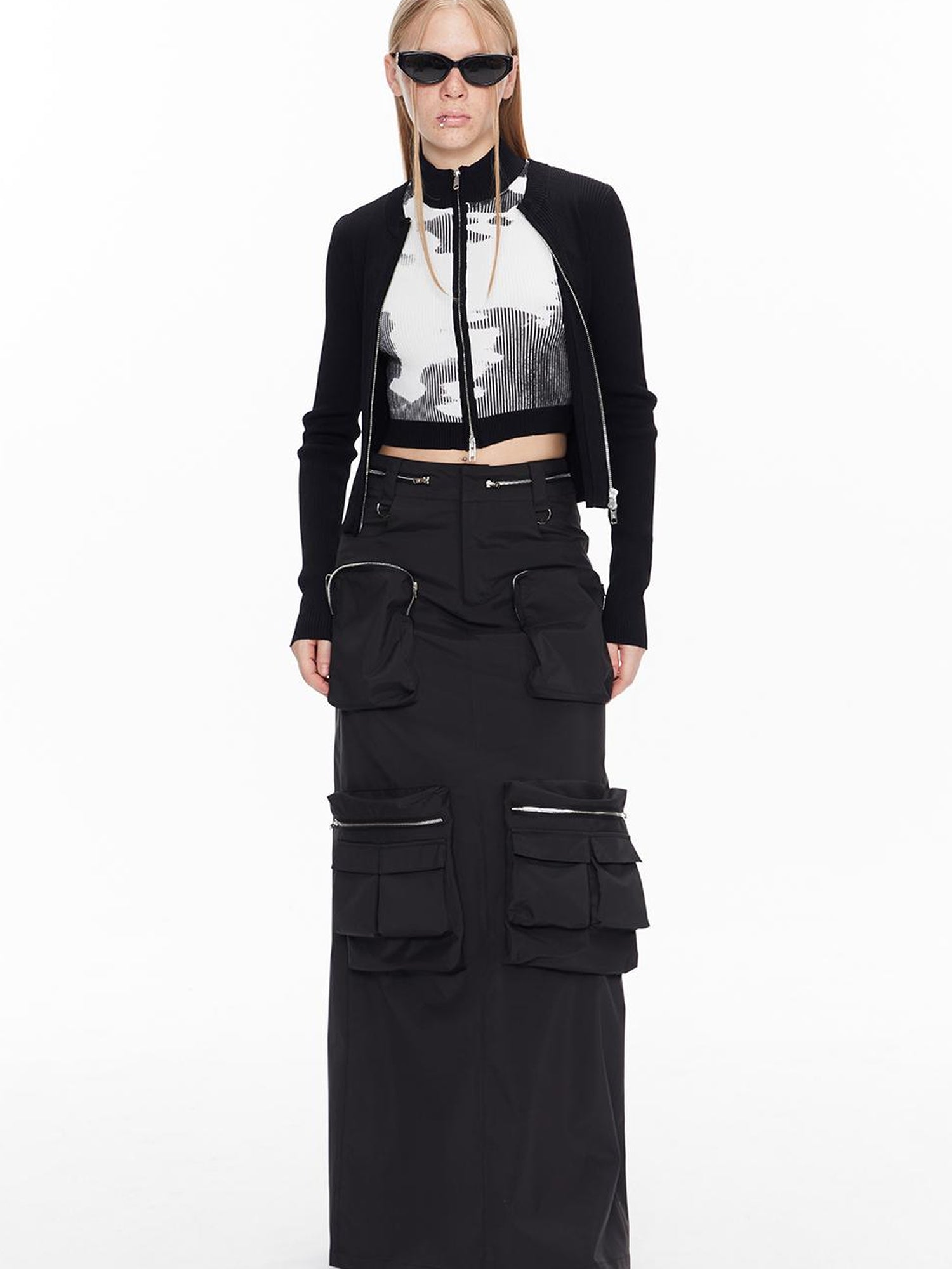 ALINNV STUDIO Double Zip Print Knit Vest Cropped Cardigan