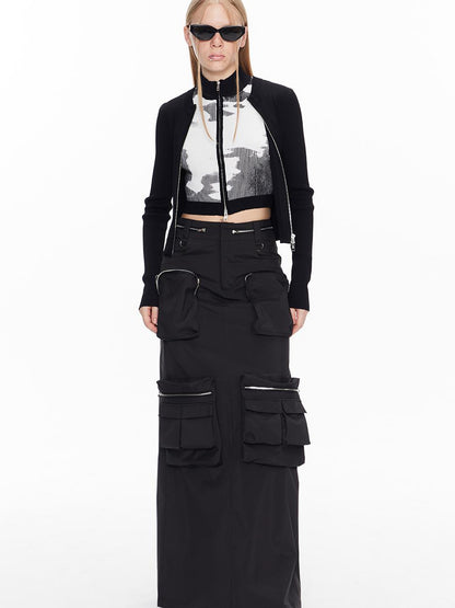 ALINNV STUDIO Double Zip Print Knit Vest Cropped Cardigan