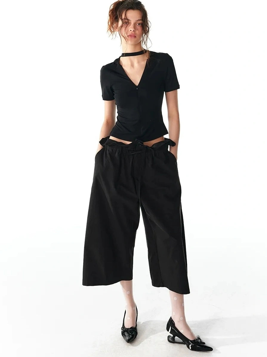 ALINNV STUDIO Floral Lace Tie Waist Wide Leg Cropped Pants Pants