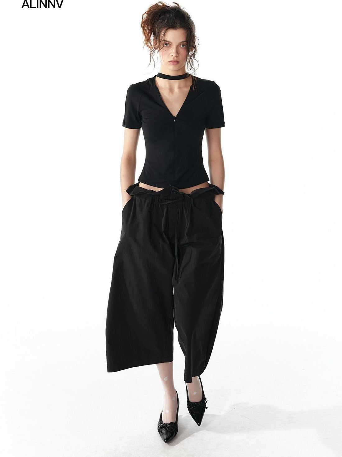 ALINNV STUDIO Floral Lace Tie Waist Wide Leg Cropped Pants Pants