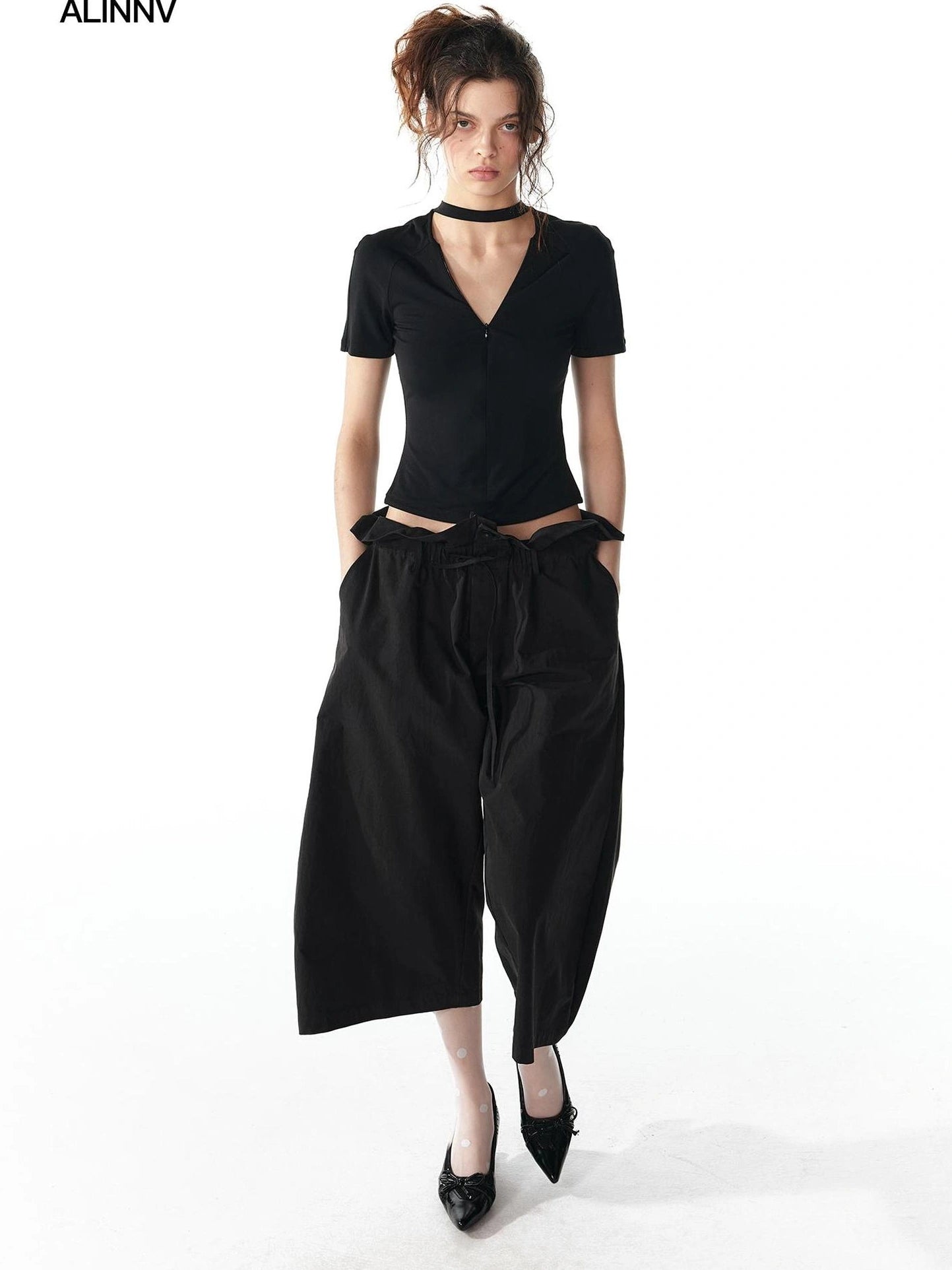 ALINNV STUDIO Floral Lace Tie Waist Wide Leg Cropped Pants Pants