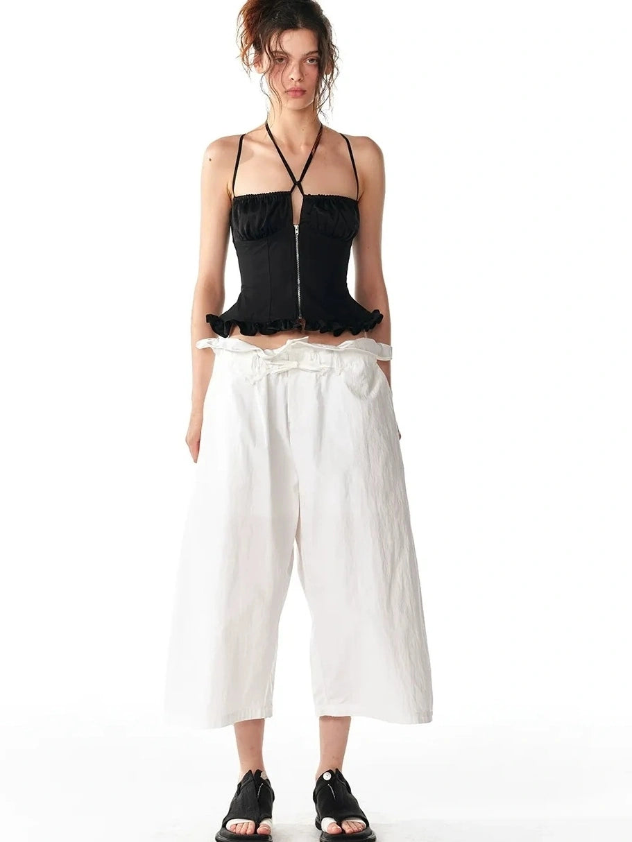 ALINNV STUDIO Floral Lace Tie Waist Wide Leg Cropped Pants Pants