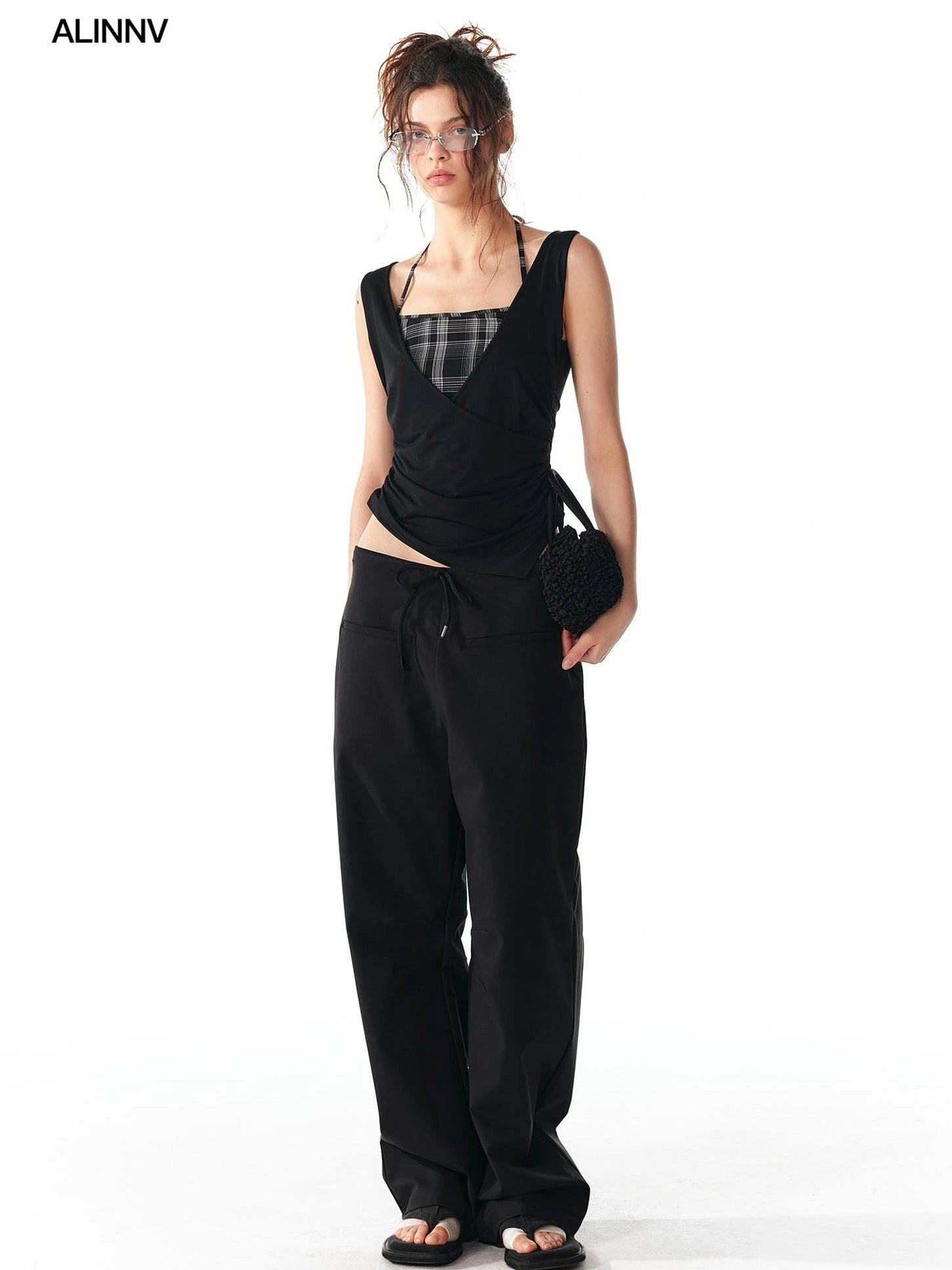 ALINNV STUDIO Grid Paneled Layered Vest With Asymmetrical Hem Tank Top/Camisole