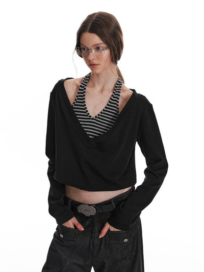 ALINNV STUDIO Halter Neck Knit Top with Layered V-Neck Design