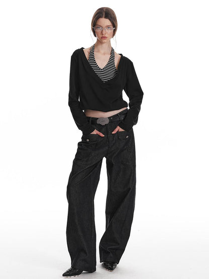 ALINNV STUDIO Halter Neck Knit Top with Layered V-Neck Design