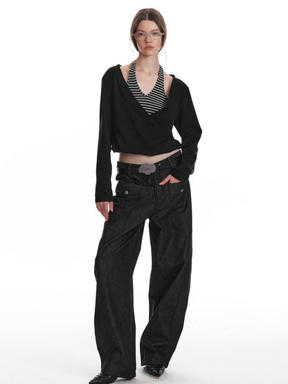 ALINNV STUDIO Halter Neck Knit Top with Layered V-Neck Design