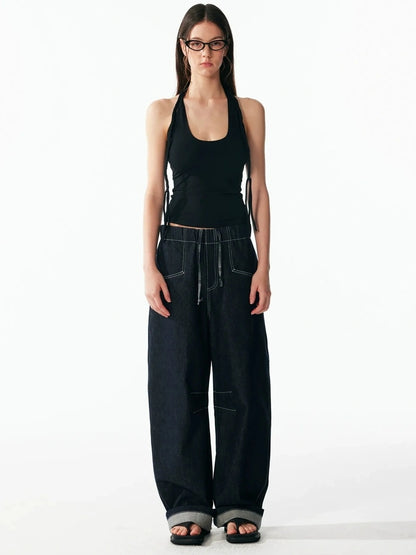 ALINNV STUDIO Hand Knitted U Neck Tie Backless Slim Camisole Tank Top/Camisole