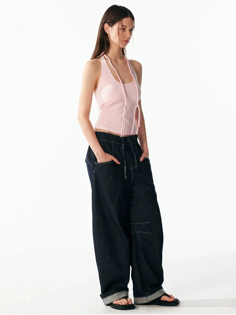 ALINNV STUDIO Hand Knitted U Neck Tie Backless Slim Camisole Tank Top/Camisole