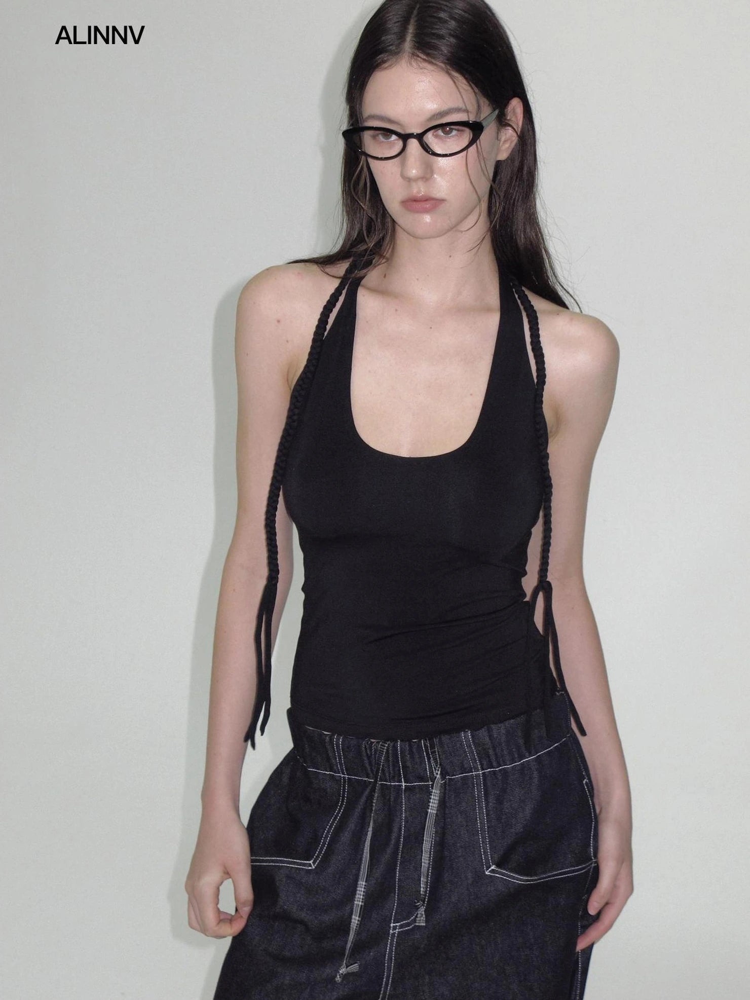 ALINNV STUDIO Hand Knitted U Neck Tie Backless Slim Camisole Tank Top/Camisole