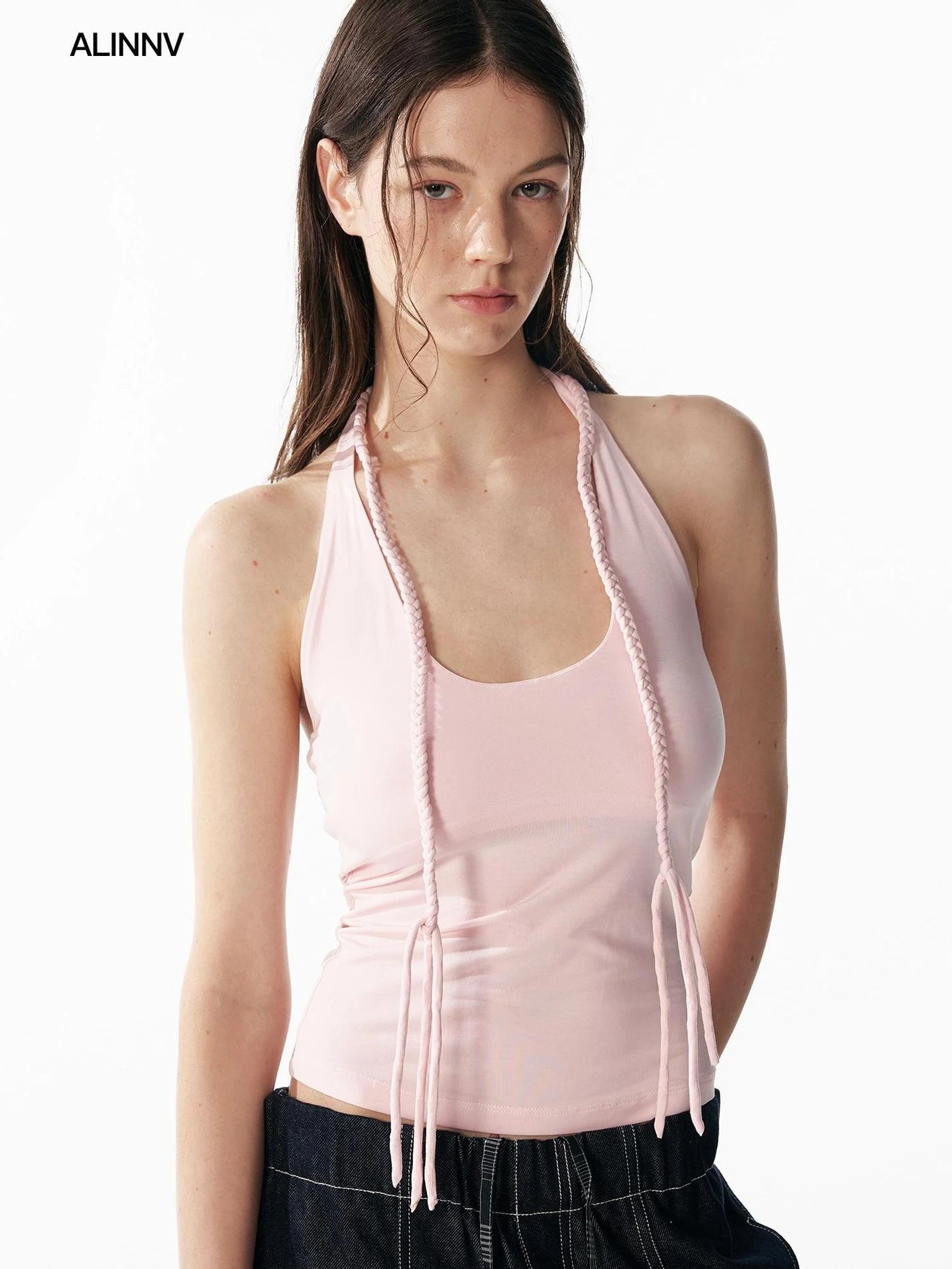 ALINNV STUDIO Hand Knitted U Neck Tie Backless Slim Camisole Tank Top/Camisole