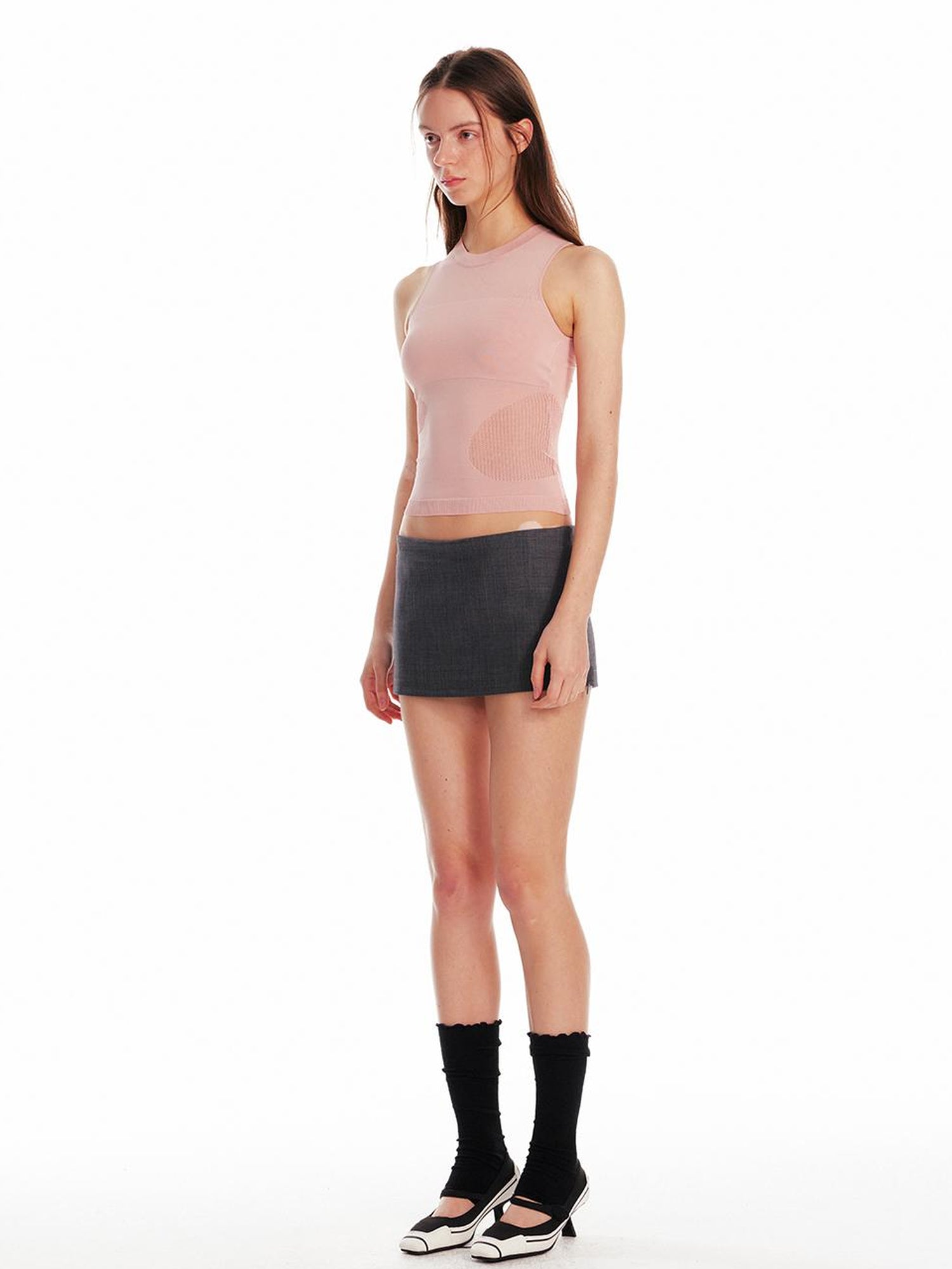 ALINNV STUDIO Irregular Cutout Semi Sheer Knit Vest V Neck T Shirt Long Sleeve