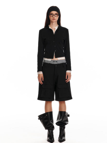 ALINNV STUDIO Lace Paneled Black Knit Long Sleeve Shirt