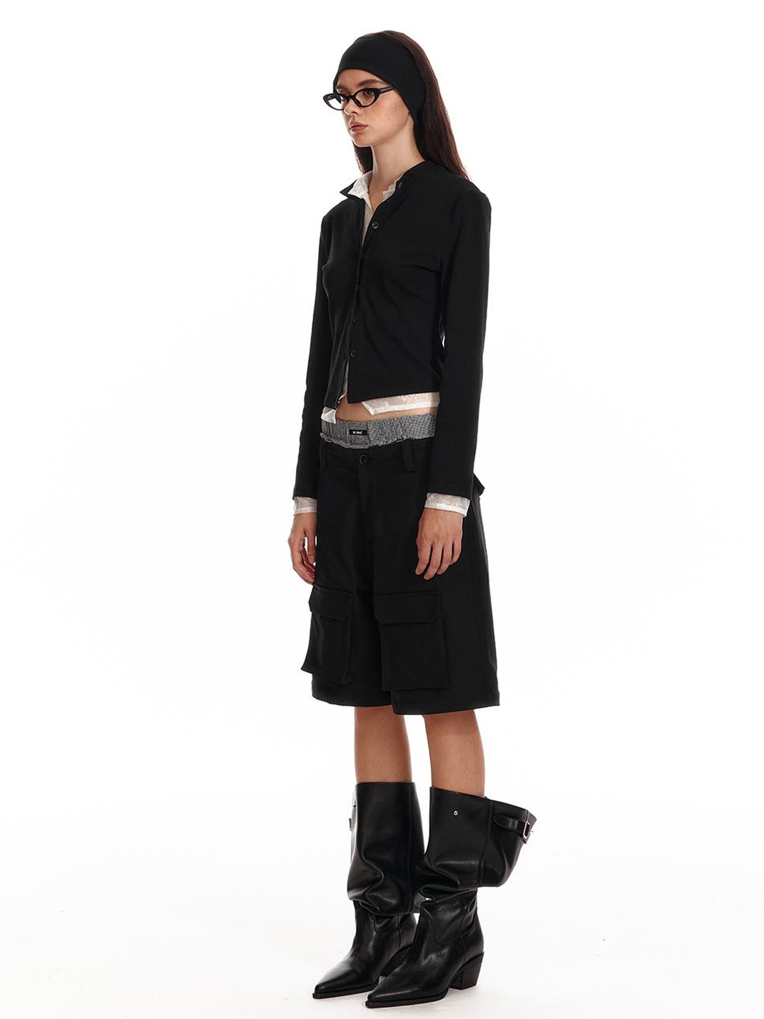 ALINNV STUDIO Lace Paneled Black Knit Long Sleeve Shirt