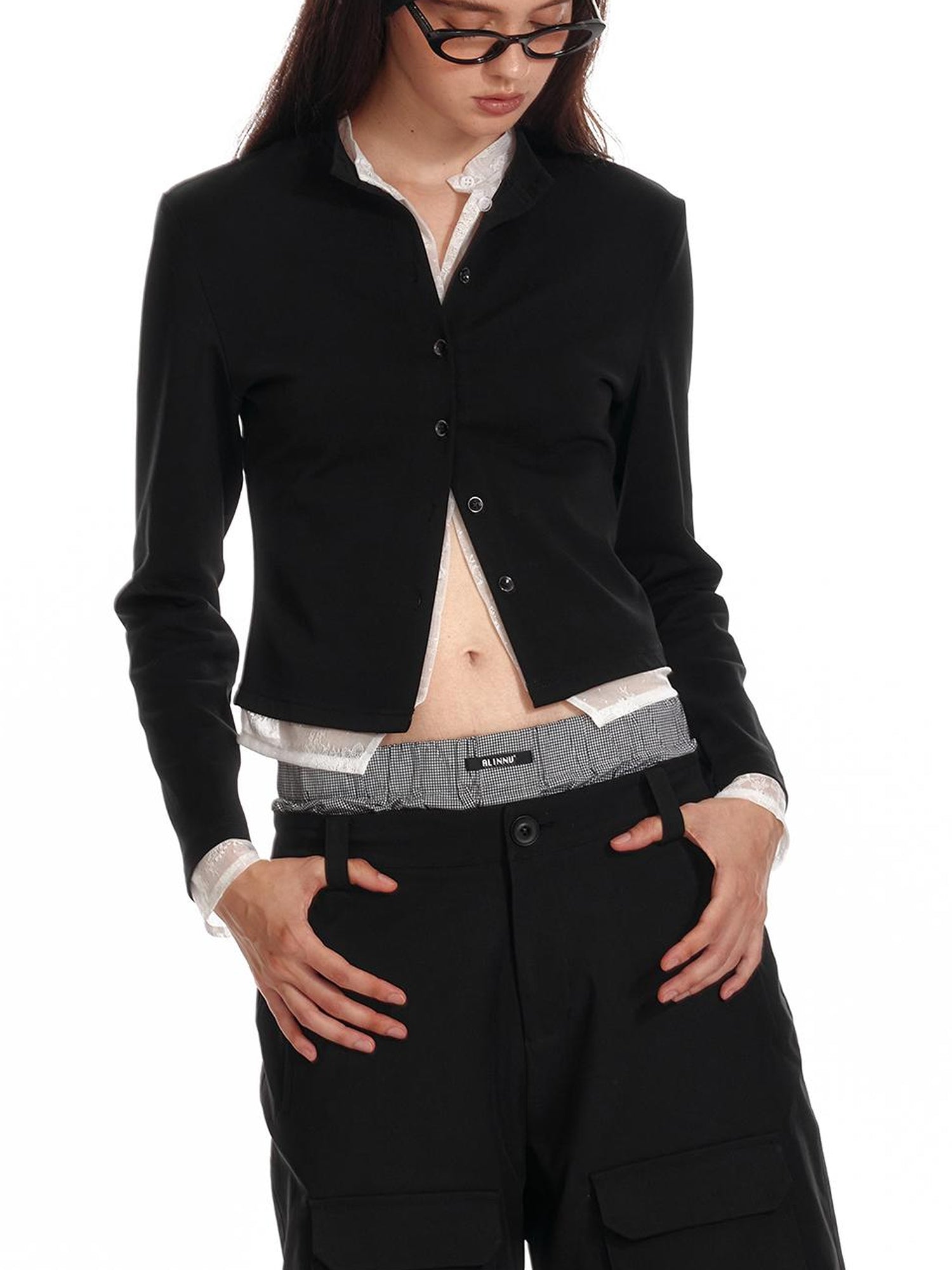 ALINNV STUDIO Lace Paneled Black Knit Long Sleeve Shirt