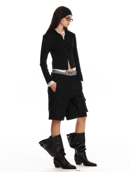 ALINNV STUDIO Lace Paneled Black Knit Long Sleeve Shirt