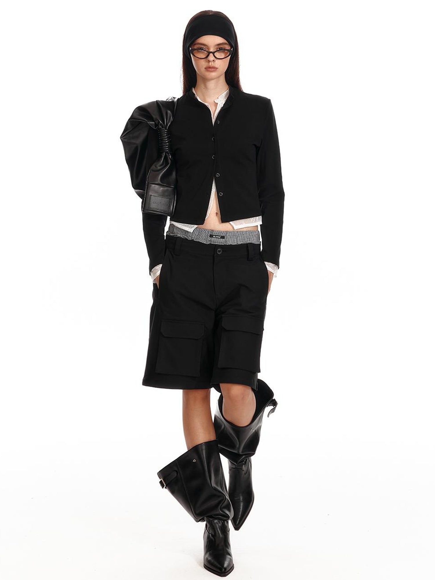 ALINNV STUDIO Lace Paneled Black Knit Long Sleeve Shirt