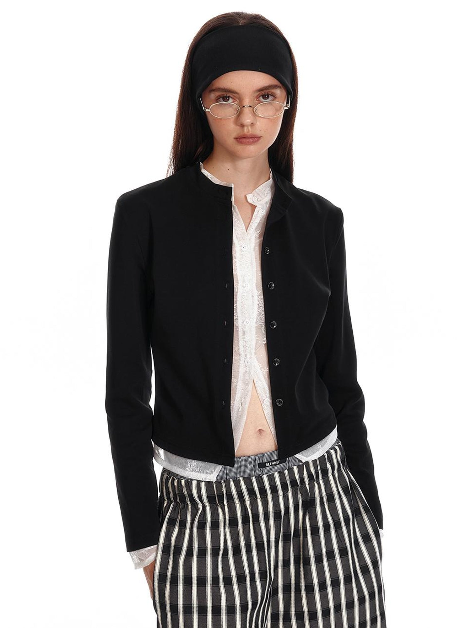 ALINNV STUDIO Lace Paneled Black Knit Long Sleeve Shirt