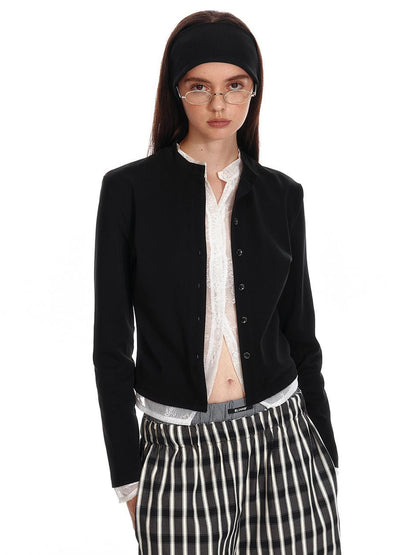 ALINNV STUDIO Lace Paneled Black Knit Long Sleeve Shirt