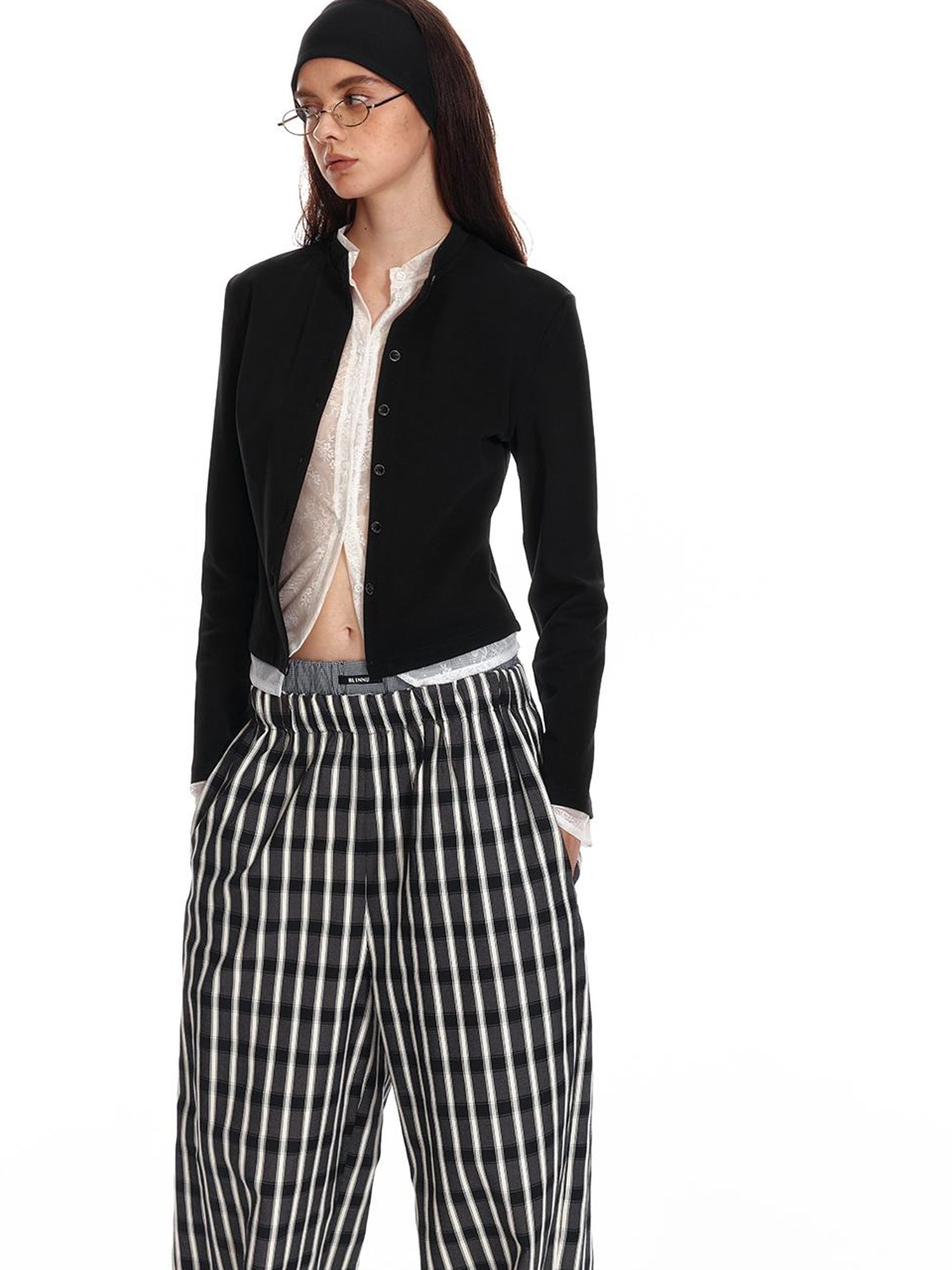 ALINNV STUDIO Lace Paneled Black Knit Long Sleeve Shirt